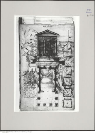 Vorderseite von Istituto Nazionale per la Grafica [https://www.deutsche-digitale-bibliothek.de/content/lizenzen/rv-ez/] Codice C (2502)Forum Boarium, Tempel des Portunus, Grundriss und Aufriss der Fassade, Querschnitt durch Architrav und Kapitelle der Westflanke - , bh575653_recto. Foto.