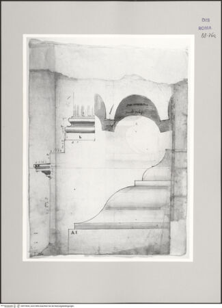 Vorderseite von Istituto Nazionale per la Grafica [https://www.deutsche-digitale-bibliothek.de/content/lizenzen/rv-ez/] Codice C (2502)Forum Boarium, Tempel des Portunus, Aufriss der Podiumsbasis im Originalmaßstab, Schnitt durch die Kannelur der Säulen, Aufriss des Podiums im Profil - , bh575655_recto. Foto.