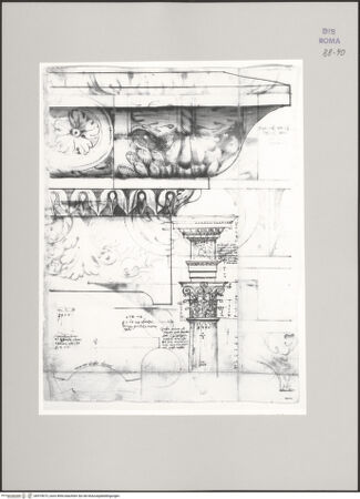 Vorderseite von Istituto Nazionale per la Grafica [https://www.deutsche-digitale-bibliothek.de/content/lizenzen/rv-ez/] Codice C (2502)Trajansforum, Aufriss des Gesimses, perspektivische Darstellung einer Säulentrommel und Schnitt durch ihre Kannelur, Säulenschaft, Kapitell und Gebälk im Aufriss - , bh575673_recto. Foto.