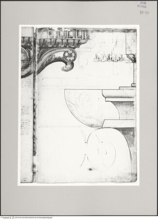 Vorderseite von Istituto Nazionale per la Grafica [https://www.deutsche-digitale-bibliothek.de/content/lizenzen/rv-ez/] Codice C (2502)Forum Transitorium, Tempel der Minerva, Abakus und Architrav im Profil (Fortsetzung auf fol. 90 r') - , bh575704_recto. Foto.