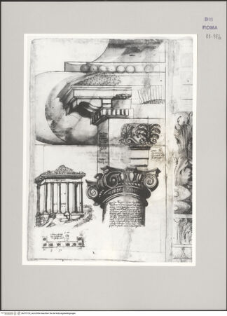 Vorderseite von Istituto Nazionale per la Grafica [https://www.deutsche-digitale-bibliothek.de/content/lizenzen/rv-ez/] Codice C (2502)Tempel des Saturn, Profil der Basis im Originalmaßstab (Fortsetzung auf fol. 98 v'), Grund- und Aufriss der erhaltenen Säulenfront, ionisches Kapitell, Architrav und Konsolgesims - , bh575730_recto. Foto.