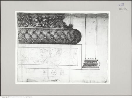 Vorderseite von Istituto Nazionale per la Grafica [https://www.deutsche-digitale-bibliothek.de/content/lizenzen/rv-ez/] Codice C (2502)San Giovanni in Laterano, Baptisterium, Porticus des San Venanzio, Aufriss einer Basis im Originalmaßstab (Fortsetzung von fol. 99 r); Skizzenhafte Darstellung des Grundrisses des Baptisteriums (nicht exakt) - , bh575733_recto. Foto.