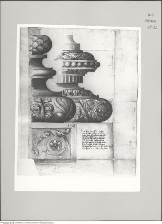 Vorderseite von Istituto Nazionale per la Grafica [https://www.deutsche-digitale-bibliothek.de/content/lizenzen/rv-ez/] Codice C (2502)Santa Croce in Gerusalemme, Aufrisse einer ornamentierten ionischen und einer ausgesprochen reich verzierten Basis - , bh575750_recto. Foto.