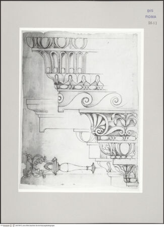 Vorderseite von Istituto Nazionale per la Grafica [https://www.deutsche-digitale-bibliothek.de/content/lizenzen/rv-ez/] Codice C (2502)Aufriss zweier Gesimse, von denen eines vormals in Santi Quattro Coronati befindlich, Kandelaber mit architektonisch gestaltetem Postament-Unterbau - , bh575815_recto. Foto.