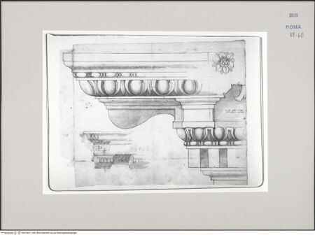 Vorderseite von Istituto Nazionale per la Grafica [https://www.deutsche-digitale-bibliothek.de/content/lizenzen/rv-ez/] Codice C (2502)Aufriss eines Gesimses aus Santa Prassede; Perspektivische Darstellung in Untersicht eines Gesimses aus Santi Quattro Coronati - , bh575821_recto. Foto.