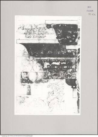 Vorderseite von Istituto Nazionale per la Grafica [https://www.deutsche-digitale-bibliothek.de/content/lizenzen/rv-ez/] Codice C (2502)Alt Sankt Peter, antikes Gesims; Gesims aus dem Frigidarium der Caracalla-Thermen; Friesornament: Mann mit Esel - , bh575824_recto. Foto.