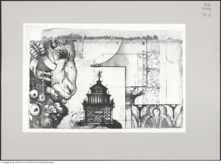 Vorderseite von Istituto Nazionale per la Grafica [http://creativecommons.org/publicdomain/mark/1.0/] Codice C (2502)Rekonstruktionszeichnung des Hadrians-Mausoleums; Detail des Bukranionfrieses von fol 33 v [A] im Profil (Originalmaßstab); Architrav im Profil [B]; Profil der Basis der Eckstützen des Fundaments - , bh575851_recto. Foto.