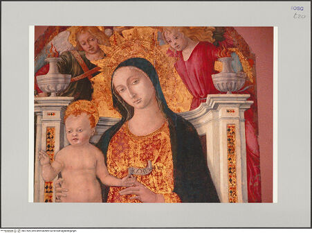 Vorderseite von Röll, Johannes [https://rightsstatements.org/page/CNE/1.0/] Thronende Maria mit dem Kind und Engeln - Detail: Maria mit Kind, Oberkörper, bh577809_recto. Foto: Röll, Johannes.