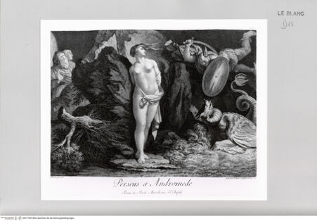 Vorderseite von Calcografia [http://creativecommons.org/publicdomain/mark/1.0/] Schola Italica Picturae sive Selectae quaedam summorum e schola italica pictorum tabulae aere incisae cura et impensis Gavini Hamilton pictoris Romae MDCCLXIIITafel 13: Perseus und Andromeda - , bh577969. Foto.