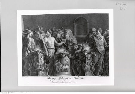 Vorderseite von Calcografia [http://creativecommons.org/publicdomain/mark/1.0/] Schola Italica Picturae sive Selectae quaedam summorum e schola italica pictorum tabulae aere incisae cura et impensis Gavini Hamilton pictoris Romae MDCCLXIIITafel 14: Meleager und Atalante - , bh577970. Foto.