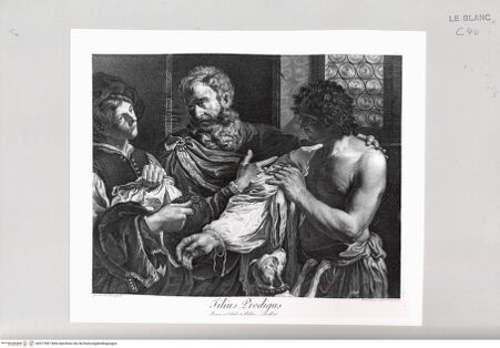 Vorderseite von Calcografia [http://creativecommons.org/publicdomain/mark/1.0/] Schola Italica Picturae sive Selectae quaedam summorum e schola italica pictorum tabulae aere incisae cura et impensis Gavini Hamilton pictoris Romae MDCCLXIIITafel 37: Der verlorene Sohn - , bh577987. Foto.