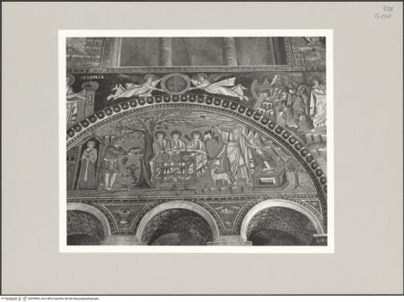 Vorderseite von Bibliotheca Hertziana [https://www.deutsche-digitale-bibliothek.de/content/lizenzen/rv-fz/] Dekoration des PresbyteriumsDie Evangelisten Johannes und Lukas, Jeremia, Szenen aus dem Leben von Moses und AbrahamJeremia; Moses erhält das Gesetz von Gott; das Volk Israel, während Moses das Gesetz erhält; der Besuch der drei Engel bei Abraham; das Isaaksopfer - Teilansicht, bh578404_recto. Foto: Hahn, Hanno.