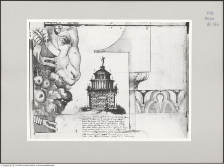 Vorderseite von Istituto Nazionale per la Grafica [https://www.deutsche-digitale-bibliothek.de/content/lizenzen/rv-ez/] Codice C (2502)Rekonstruktionszeichnung des Hadrians-Mausoleums; Detail des Bukranionfrieses von fol 33 v [A] im Profil (Originalmaßstab); Architrav im Profil [B]; Profil der Basis der Eckstützen des Fundaments - , bh578809_recto. Foto.