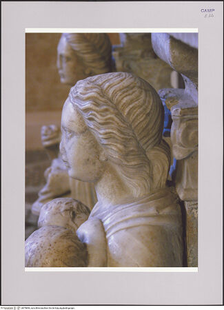 Vorderseite von Röll, Johannes [https://www.deutsche-digitale-bibliothek.de/content/lizenzen/rv-fz/] Grabmal des Erzbischofs Nicolò II. Piscicelli (gest. 1471) - Mittlere Stützfigur (Caritas), Detail: linkes Kopfprofil, bh578896_recto. Foto (digital): Röll, Johannes.