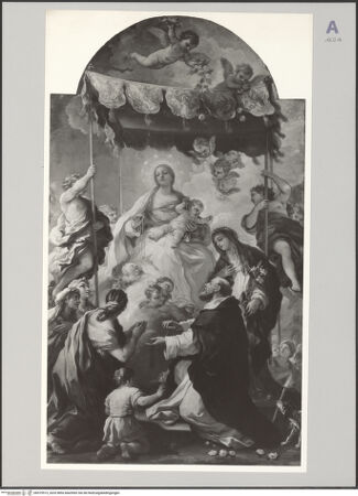 Vorderseite von Sopr. Gall. Napoli [https://www.deutsche-digitale-bibliothek.de/content/lizenzen/rv-ez/] Rosenkranzmadonna mit dem heiligen Dominikus und der heiligen Katharina von Siena - , bh579513_recto. Foto.