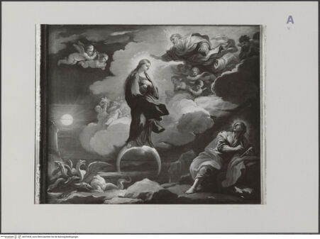 Vorderseite von Salzburger Landessammlungen [https://www.deutsche-digitale-bibliothek.de/content/lizenzen/rv-ez/] Dem hl. Johannes Evangelisten erscheint die Immaculata - , bh579528_recto. Foto.