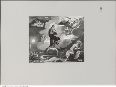 Vorderseite von Salzburger Landessammlungen [https://www.deutsche-digitale-bibliothek.de/content/lizenzen/rv-ez/] Dem hl. Johannes Evangelisten erscheint die Immaculata - , bh579529_recto. Foto.