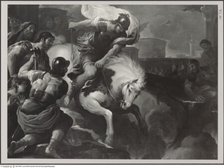 Vorderseite von Prudence Cuming Assoc. Ltd, London [https://rightsstatements.org/page/CNE/1.0/] Marcus Curtius stürzt sich in die Erdspalte - , bh579567_recto. Foto.