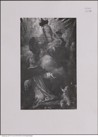 Vorderseite von Sopr. BAS NA [https://www.deutsche-digitale-bibliothek.de/content/lizenzen/rv-ez/] Rosenkranzmadonna: Maria überreicht dem heiligen Dominikus einen Rosenkranz - Detail, bh579758_recto. Foto.