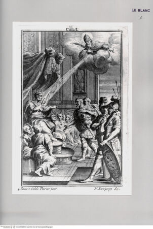 Vorderseite von Istituto Nazionale per la Grafica [http://creativecommons.org/publicdomain/mark/1.0/] Geschichte Maltas?Tafel zu Canto I: Maltesische Soldaten vor einem thronenden König; Mediciwappen - , bh580924. Foto.