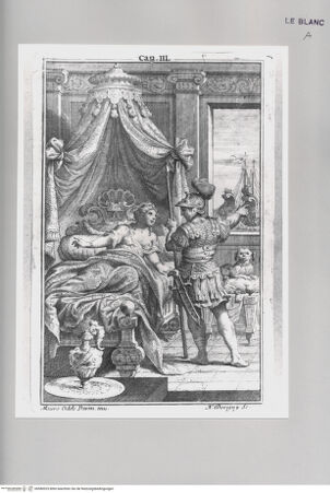 Vorderseite von Istituto Nazionale per la Grafica [http://creativecommons.org/publicdomain/mark/1.0/] Geschichte Maltas?Tafel zu Canto III: Ein Soldat zeigt einer auf dem Bett liegenden Frau zwei Segelschiffe - , bh580925. Foto.