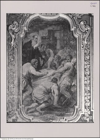 Vorderseite von Pedicini, Luciano [https://www.deutsche-digitale-bibliothek.de/content/lizenzen/rv-ez/] Szenen aus dem Leben des heiligen Benedikt von NursiaDer heilige Benedikt exorziert den Teufel aus einem Stein, der sich nicht bewegen läßt - Gesamtansicht, bh581493_recto. Foto: Pedicini, Luciano.