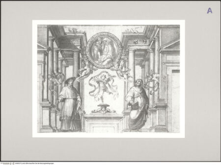Vorderseite von unbekannt [https://www.deutsche-digitale-bibliothek.de/content/lizenzen/rv-ez/] Ein Bischof und ein Mönch beten die Madonna in einem Medaillon vor dem Hintergrund eines Architekturprospektes umgeben von Putti an - , bh583215_recto. Foto: Fryszman, Jacques.