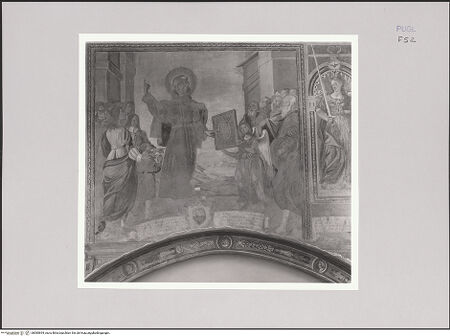 Vorderseite von Bibliotheca Hertziana [http://creativecommons.org/licenses/by-nc-sa/4.0/] Szenen aus dem Leben des heiligen Franziskus und heiliger OrdensmitgliederSüdwand: Franziskanische Heilige Prediger; Tugenden und Allegorien - Der heilige Bernhard von Siena predigt; Iustitia, bh585694_recto. Foto: Sigismondi, Roberto.