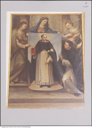 Vorderseite von Sopr. BAAAS Salerno e Avellino [https://www.deutsche-digitale-bibliothek.de/content/lizenzen/rv-fz/] Jungfrau Maria, Maria Magdalena und Katharina von Alexandrien erscheinen einem Dominikanermönch in Soriano - Gesamtansicht, bh586369_recto. Foto.