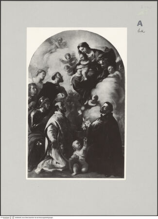 Vorderseite von unbekannt [https://www.deutsche-digitale-bibliothek.de/content/lizenzen/rv-fz/] Rosenkranzmadonna mit den Heiligen Dominikus, Georg, Ignatius von Loyola, Franz Xaver und einem weiteren Heiligen - Gesamtansicht, bh586384_recto. Foto.