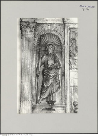 Vorderseite von unbekannt [https://www.deutsche-digitale-bibliothek.de/content/lizenzen/rv-fz/] Grabmal des Kardinals Jacopo Ammanati-Piccolomini (+1479)NischenfigurenLinke Nische: Heiliger Jakobus - , bh586401_recto. Foto.