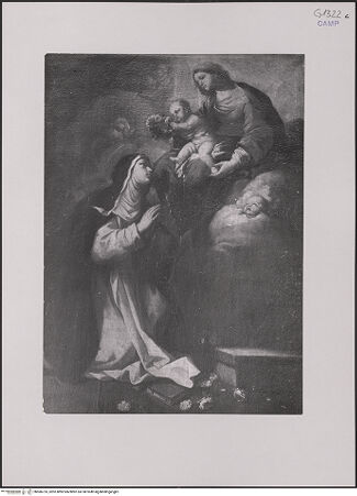 Vorderseite von unbekannt [https://www.deutsche-digitale-bibliothek.de/content/lizenzen/rv-ez/] Das Christuskind erscheint der heiligen Rosa und krönt sie mit Rosen - Gesamtansicht, bh586733_recto. Foto.