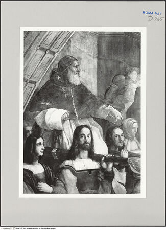 Vorderseite von Musei Vaticani [https://www.deutsche-digitale-bibliothek.de/content/lizenzen/rv-ez/] Malerische AusstattungVertreibung des Heliodor - Detail: Papst Julius II. auf der Sedia gestatoria und Träger (Raffael und Marcantonio Raimondi?), bh587542_recto. Foto.