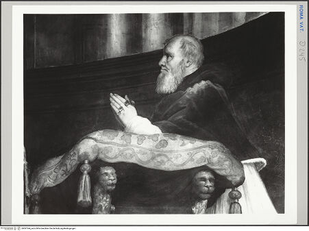 Vorderseite von Musei Vaticani [https://www.deutsche-digitale-bibliothek.de/content/lizenzen/rv-ez/] Malerische AusstattungDie Messe von Bolsena - Detail: Papst Julius II., bh587544_recto. Foto.