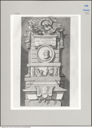 Vorderseite von Museo Civico d'Arte Antica, Torino [https://www.deutsche-digitale-bibliothek.de/content/lizenzen/rv-ez/] Memorie sepolcrali delli Huomini insigni di questo secolo conosciuti da me (...)Entwurf für ein Grabmal für Francesco Gasparini, Camaiore 1661 - Rom 1727 - , bh587984_recto. Foto.