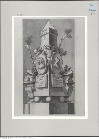 Vorderseite von Museo Civico d'Arte Antica, Torino [https://www.deutsche-digitale-bibliothek.de/content/lizenzen/rv-ez/] Memorie sepolcrali delli Huomini insigni di questo secolo conosciuti da me (...)Entwurf für ein Grabmal für Giuseppe Bartolomeo Chiari, Rom 1654 - 1727 und Giacinto Calandrucci, Palermo 1646 - 1706 - , bh587985_recto. Foto.