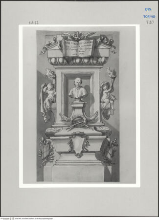 Vorderseite von Museo Civico d'Arte Antica, Torino [https://www.deutsche-digitale-bibliothek.de/content/lizenzen/rv-ez/] Memorie sepolcrali delli Huomini insigni di questo secolo conosciuti da me (...)Entwurf für ein Grabmal für Giovanni Vincenzo Gravina, Roggiano 1664 - Rom 1718 - , bh587987_recto. Foto.
