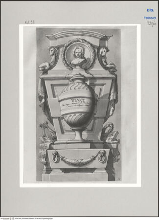 Vorderseite von Museo Civico d'Arte Antica, Torino [https://www.deutsche-digitale-bibliothek.de/content/lizenzen/rv-ez/] Memorie sepolcrali delli Huomini insigni di questo secolo conosciuti da me (...)Entwurf für ein Grabmal für Leonardo Vinci, Strongoli 1690 - Neapel 1729 - , bh587993_recto. Foto.