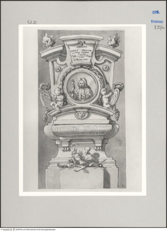 Vorderseite von Museo Civico d'Arte Antica, Torino [https://www.deutsche-digitale-bibliothek.de/content/lizenzen/rv-ez/] Memorie sepolcrali delli Huomini insigni di questo secolo conosciuti da me (...)Entwurf für ein Grabmal für Camillo Rusconi, Mailand 1658 - Rom 1728 - , bh587995_recto. Foto.