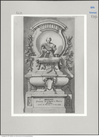 Vorderseite von Museo Civico d'Arte Antica, Torino [https://www.deutsche-digitale-bibliothek.de/content/lizenzen/rv-ez/] Memorie sepolcrali delli Huomini insigni di questo secolo conosciuti da me (...)Entwurf für ein Grabmal für Giuseppe Paolucci, Spello 1661 - Rom 1730 - , bh588000_recto. Foto.