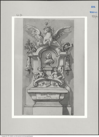 Vorderseite von Museo Civico d'Arte Antica, Torino [https://www.deutsche-digitale-bibliothek.de/content/lizenzen/rv-ez/] Memorie sepolcrali delli Huomini insigni di questo secolo conosciuti da me (...)Entwurf für ein Grabmal für Giuseppe Paolucci, Spello 1661 - Rom 1730 - , bh588002_recto. Foto.