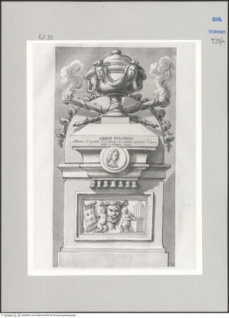 Vorderseite von Museo Civico d'Arte Antica, Torino [https://www.deutsche-digitale-bibliothek.de/content/lizenzen/rv-ez/] Memorie sepolcrali delli Huomini insigni di questo secolo conosciuti da me (...)Entwurf für ein Grabmal für Carlo Francesco Pollarolo, Brescia 1653 ca. - Venedig 1723 - , bh588005_recto. Foto.