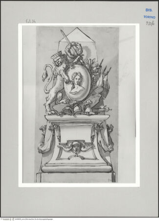 Vorderseite von Museo Civico d'Arte Antica, Torino [https://www.deutsche-digitale-bibliothek.de/content/lizenzen/rv-ez/] Memorie sepolcrali delli Huomini insigni di questo secolo conosciuti da me (...)Entwurf für ein Grabmal - , bh588009_recto. Foto.