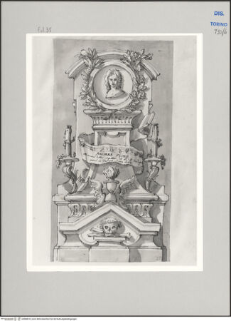Vorderseite von Museo Civico d'Arte Antica, Torino [https://www.deutsche-digitale-bibliothek.de/content/lizenzen/rv-ez/] Memorie sepolcrali delli Huomini insigni di questo secolo conosciuti da me (...)Entwurf für ein Grabmal für Andrea Stefano Fiorè, Mailand 1686 - Turin 1731 - , bh588010_recto. Foto.