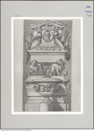 Vorderseite von Museo Civico d'Arte Antica, Torino [https://www.deutsche-digitale-bibliothek.de/content/lizenzen/rv-ez/] Memorie sepolcrali delli Huomini insigni di questo secolo conosciuti da me (...)Entwurf für ein Grabmal - , bh588012_recto. Foto.