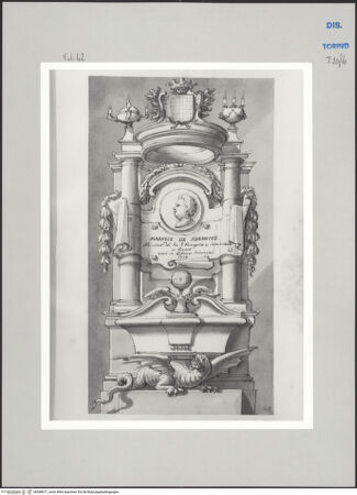 Vorderseite von Museo Civico d'Arte Antica, Torino [https://www.deutsche-digitale-bibliothek.de/content/lizenzen/rv-ez/] Memorie sepolcrali delli Huomini insigni di questo secolo conosciuti da me (...)Entwurf für ein Grabmal für Rodrigo Annes de Sá Ameida e Menez Marchese de Fontes e Abrantes, Abrantes 1676 - 1733 - , bh588017_recto. Foto.