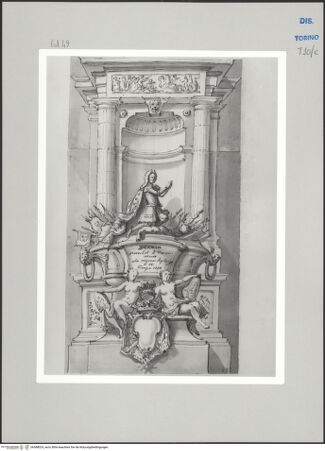 Vorderseite von Museo Civico d'Arte Antica, Torino [https://www.deutsche-digitale-bibliothek.de/content/lizenzen/rv-ez/] Memorie sepolcrali delli Huomini insigni di questo secolo conosciuti da me (...)Entwurf für ein Grabmal für James Fitz-James Herzog von Berwick, Moulins 1670 - Philippsburg 1734 - , bh588024_recto. Foto.