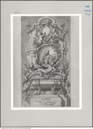 Vorderseite von Museo Civico d'Arte Antica, Torino [https://www.deutsche-digitale-bibliothek.de/content/lizenzen/rv-ez/] Memorie sepolcrali delli Huomini insigni di questo secolo conosciuti da me (...)Entwurf für ein Grabmal für James Fitz-James Herzog von Berwick, Moulins 1670 - Philippsburg 1734 - , bh588025_recto. Foto.