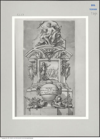 Vorderseite von Museo Civico d'Arte Antica, Torino [https://www.deutsche-digitale-bibliothek.de/content/lizenzen/rv-ez/] Memorie sepolcrali delli Huomini insigni di questo secolo conosciuti da me (...)Entwurf für ein Grabmal für Claude Florimond Graf von Mercy, Longwy 1666 - Parma 1734 - , bh588032_recto. Foto.