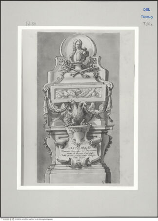 Vorderseite von Museo Civico d'Arte Antica, Torino [https://www.deutsche-digitale-bibliothek.de/content/lizenzen/rv-ez/] Memorie sepolcrali delli Huomini insigni di questo secolo conosciuti da me (...)Entwurf für ein Grabmal für Carlo Francesco Ercole Graf von Castelbarco und Marquis von Cislago, 1706 ca. - Parma 1734 - , bh588034_recto. Foto.